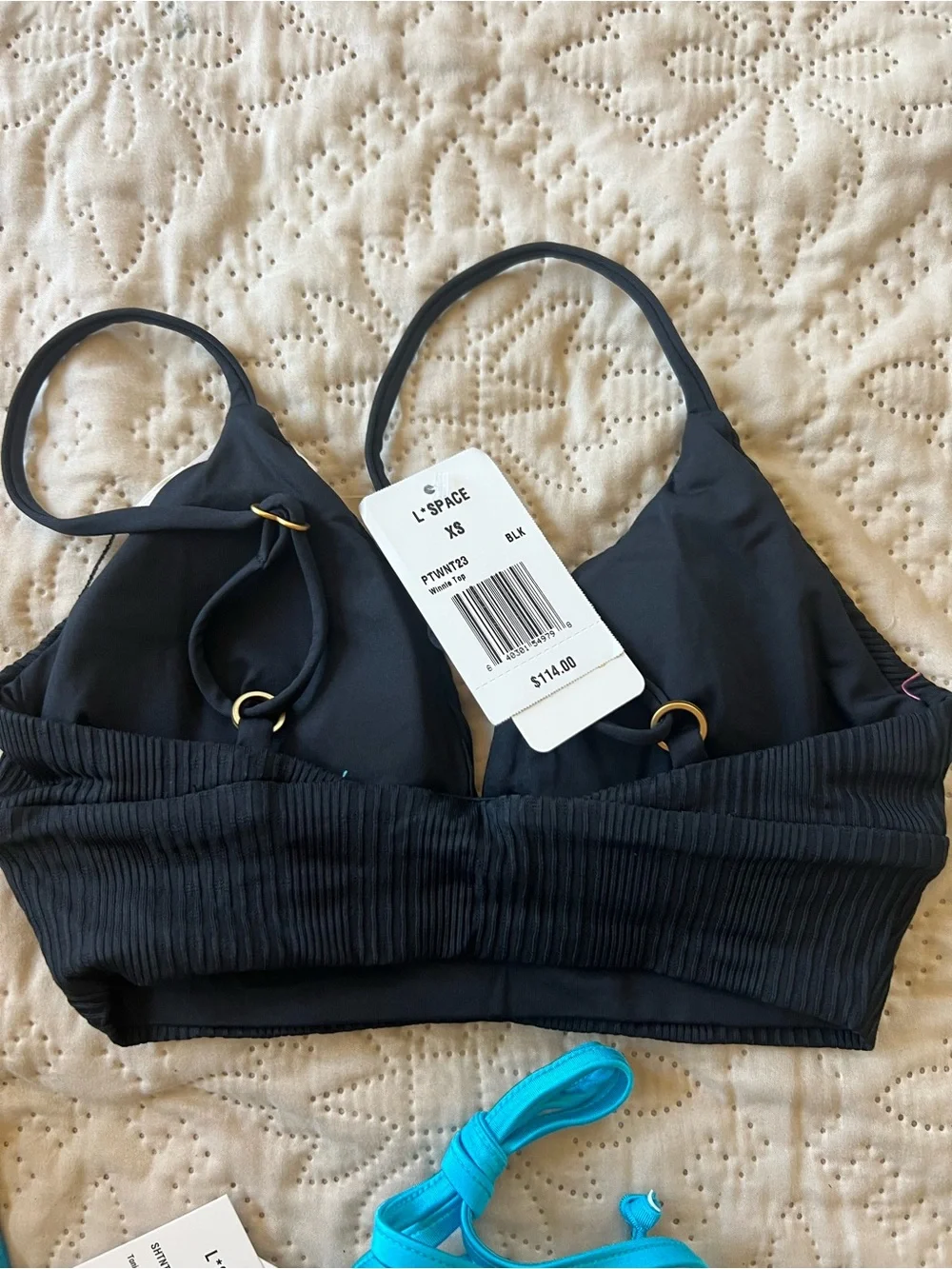 l*space Black Ribbed Bralette & Teal Blue Bikini Tops Set